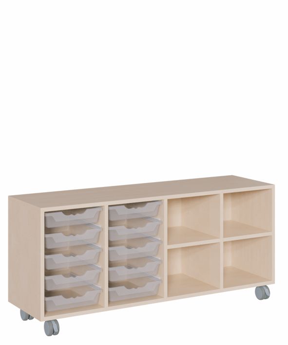 K Regal 139 x 62,5 cm, fahrbar, 10 ErgoTray Boxen M/Regal